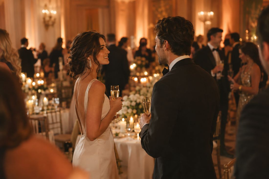 Elegant corporate gala in a ballroom with candlelit tables