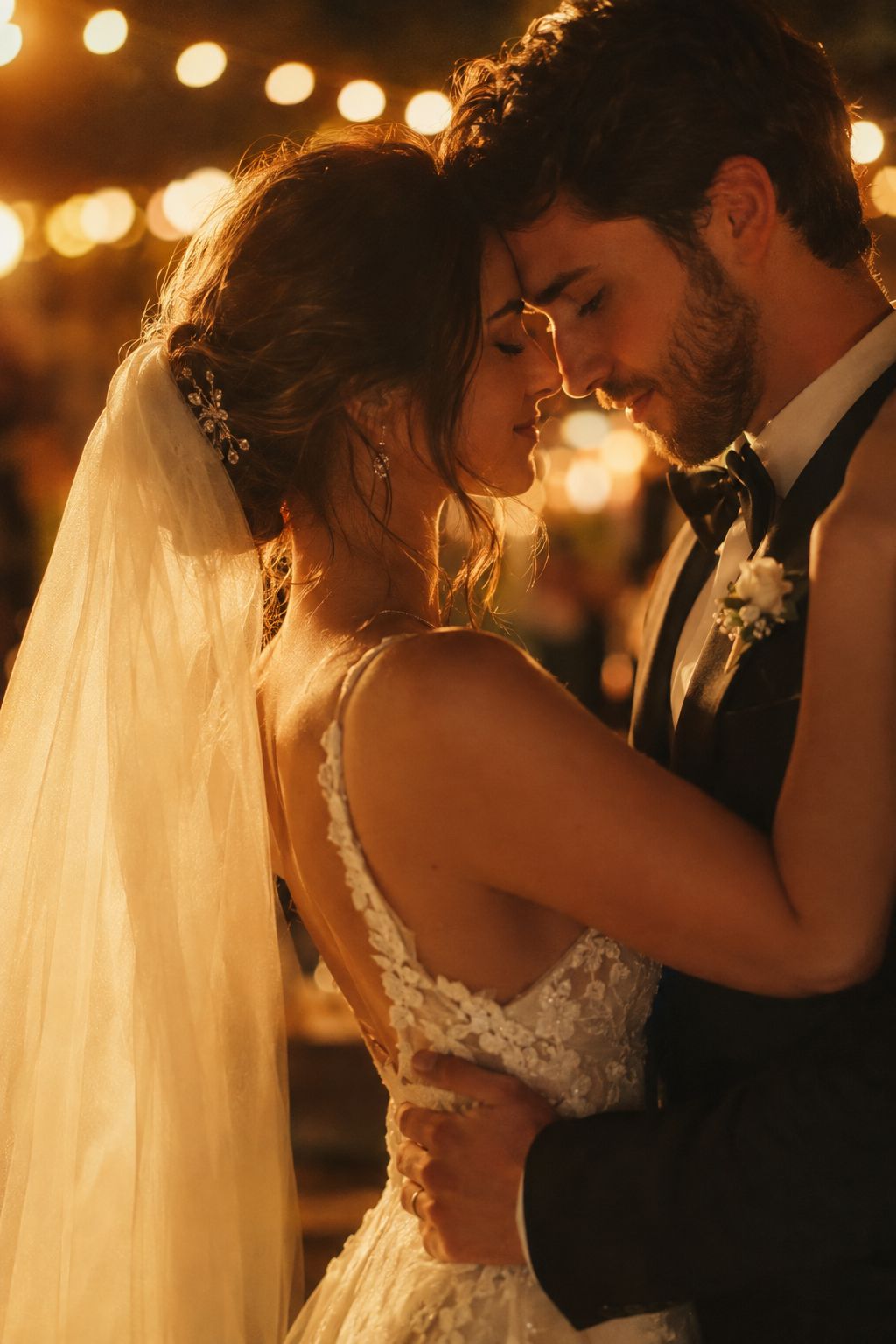Bride and groom slow dancing in warm amber light