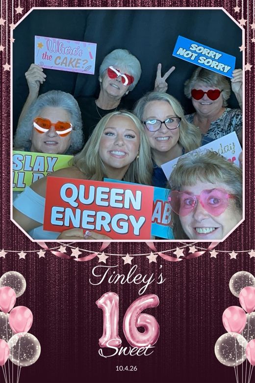 Tinley's Sweet 16 print: friends and family in heart sunglasses holding 'Queen Energy' and 'Sorry Not Sorry' signs