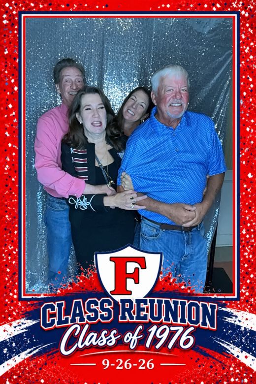 Class of 1976 reunion print: classmates in front of a silver sequin backdrop