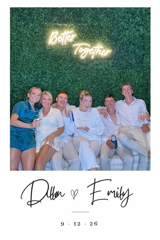 Dillon & Emily wedding print: guests relaxing on a white sofa by the 'Better Together' neon sign