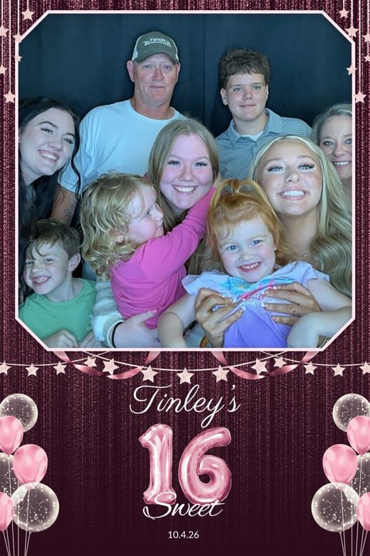 Tinley's Sweet 16 print: a family group hugging in front of the booth backdrop