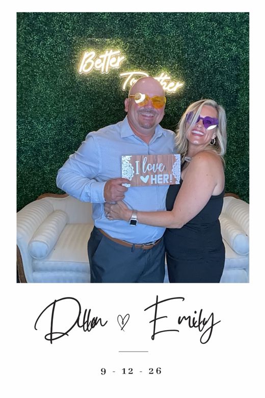 Dillon & Emily wedding print: guests with a 'Here for the Open Bar' sign