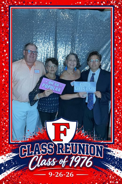Class of 1976 reunion print: classmates holding fun prop signs