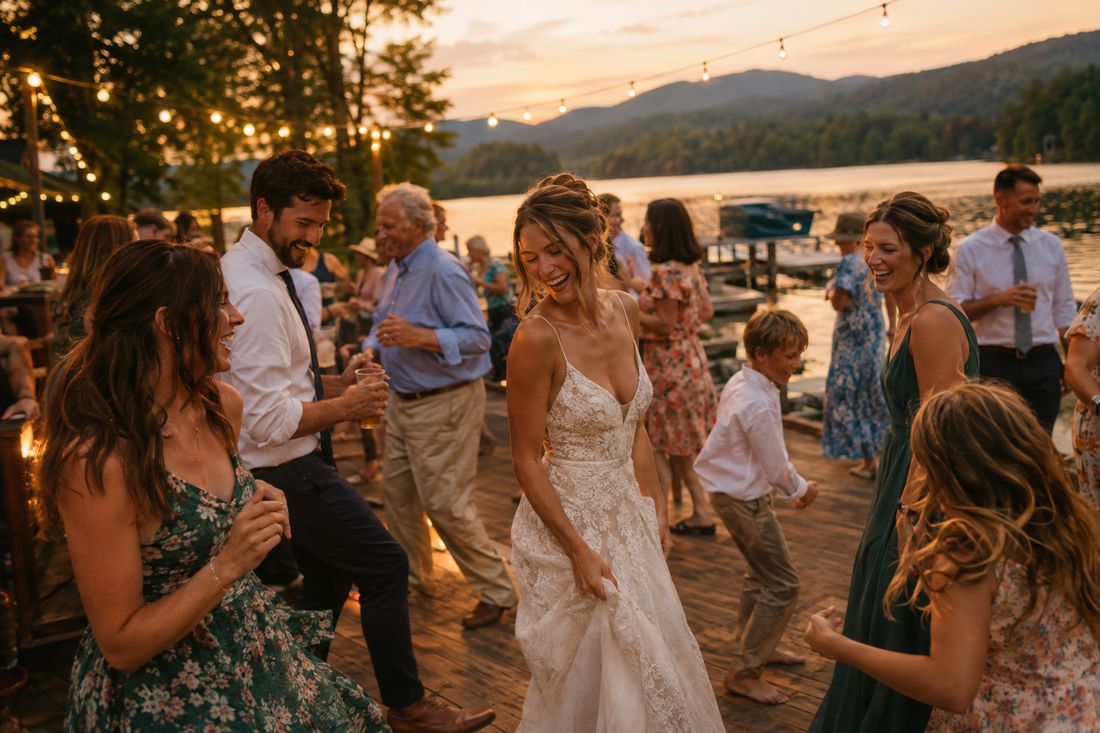Guests dancing at a lakeside party under string lights