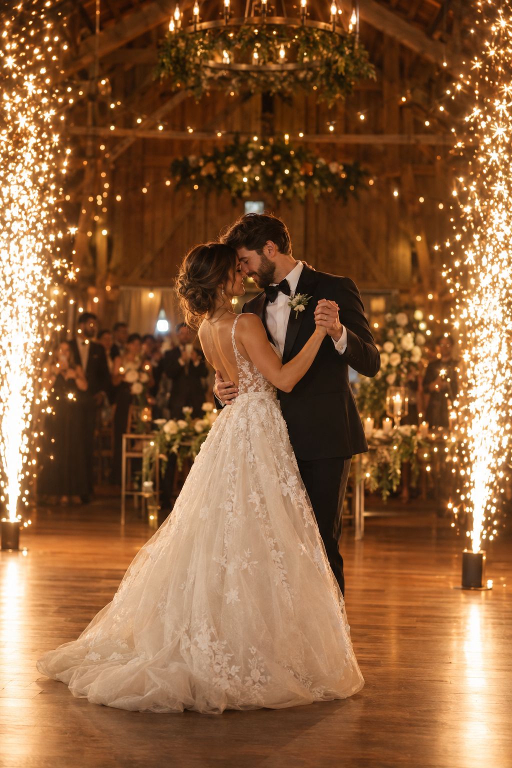 Couple sharing a first dance between glittering cold spark fountains